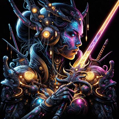 The primary subject of the image is a woman with a sword. She is wearing a futuristic outfit and has a sword in her hand. The setting is a dark background, which adds to the overall mood of the image. The visual style is digital art, as the woman is depicted in a detailed and intricate manner. The colors and mood of the image are predominantly dark, with the woman's outfit and the sword being the main focus.